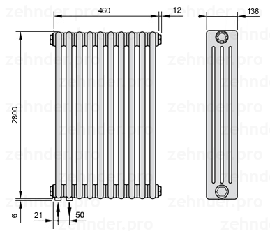 Схема (чертеж) Радиатор Zehnder Charleston 4280/10 №3370 Белый глянцевый RAL 9016